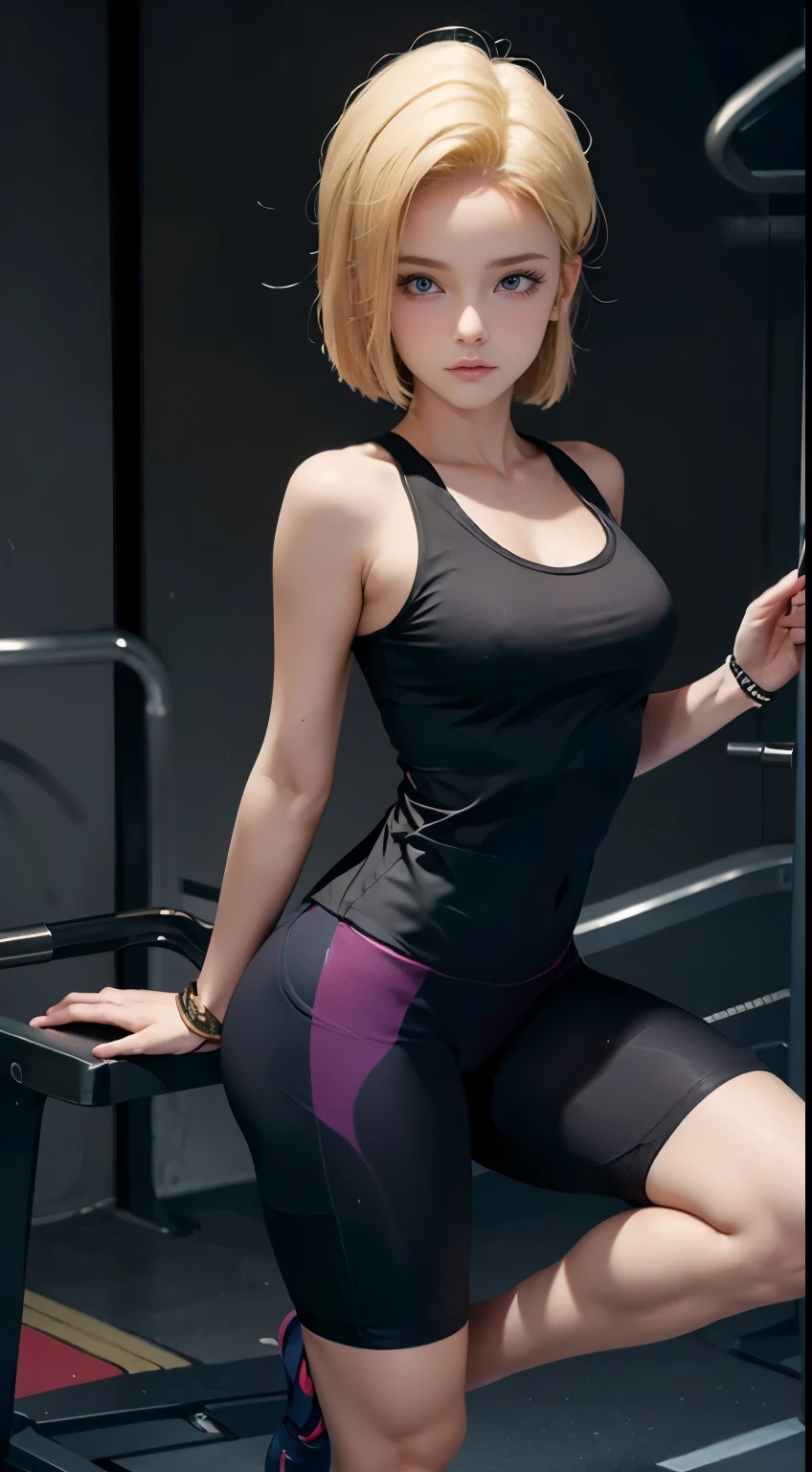 Hyper detailed image, UHD, 16k, photo professionnelle, (Photo réaliste d&#39;Android-18 de Dragon Ball Z) fille déesse de la beauté, cheveux blonds courts très raides, serious facial expression, Android 18 is working out in a gym. She's wearing a tight white tank top, blue leggings, and white shoes. She's taking a fitness stance in the gym.