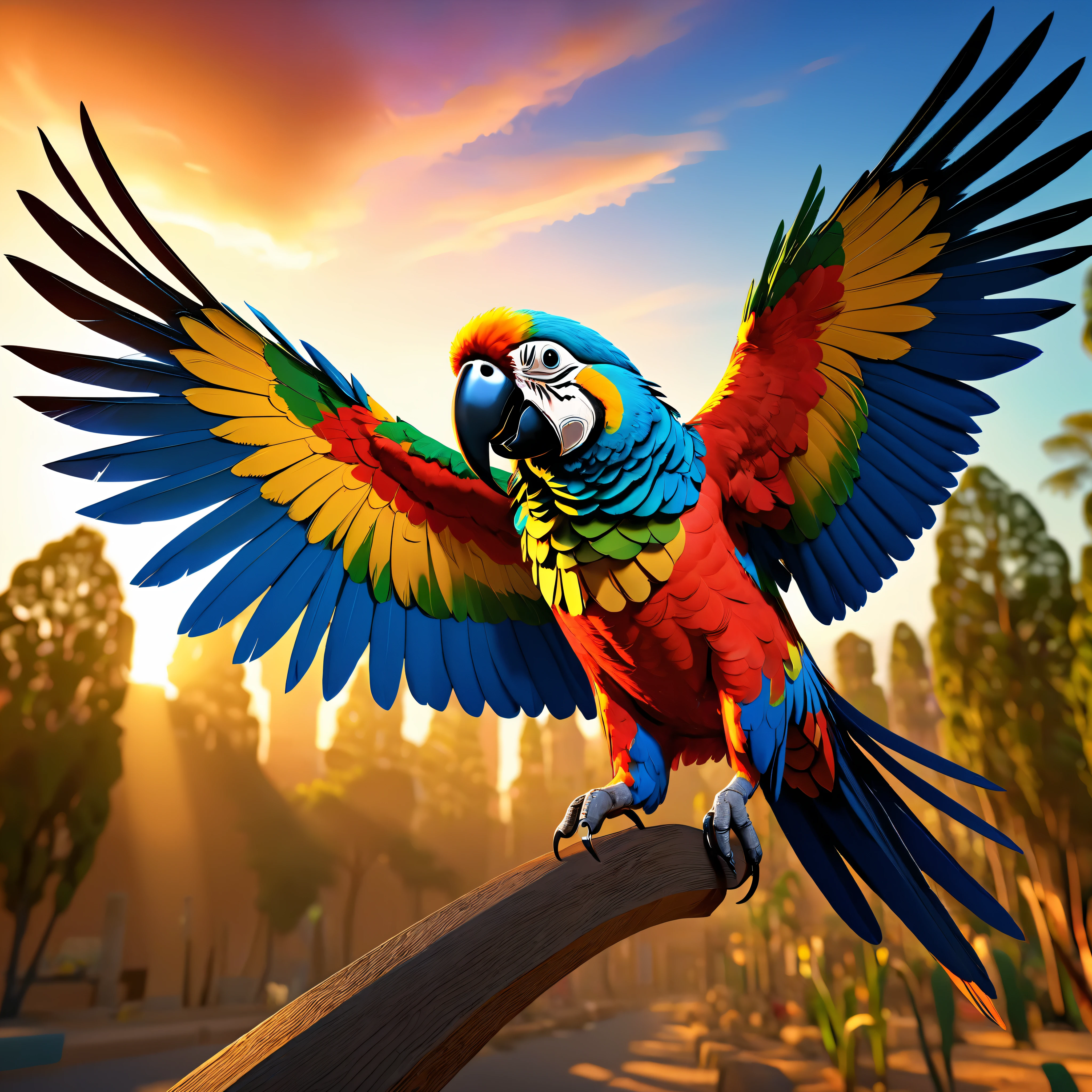 Sunset Parrot Sol-Invictus, full body shot of beautiful colour parrot "Dia De Los Muertos" initial referential The Master Professor Hand. Spread wings. On the man shoulder. Capture the details of expensive brush strokes. dynamic composition, dramatic lighting to create a cinematic forest and blue sky atmosphere... National geographic quality images, extremely detailed, volumetric lighting, Background: City Street. Ultra Professional PhotoRealistic ((UnrealEngine5 epic tmasterpiece, ultra high-quality, ultra high-details, ultra sharp-focus, ultra high-resolution, ultra high-definition, vibrant DSLR vivid colorful lighting, cinematic_sunlight, saturate)), varies multi etc. --v 6 --s 1000 --c 20 --q 5 --chaos 100