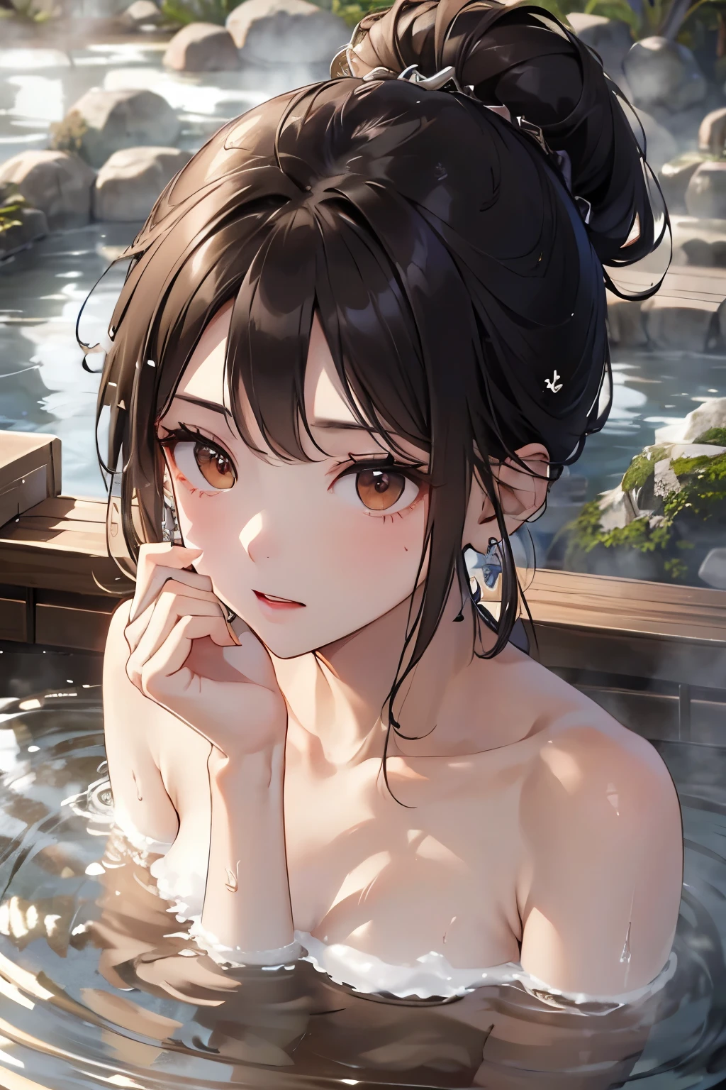 best quality, highres,Slender、brown eyes、tall、black hair、（forehead:1.3),bun hair、(hot spring:1.6)、(naked:1.3)、Silver earrings、shyness
