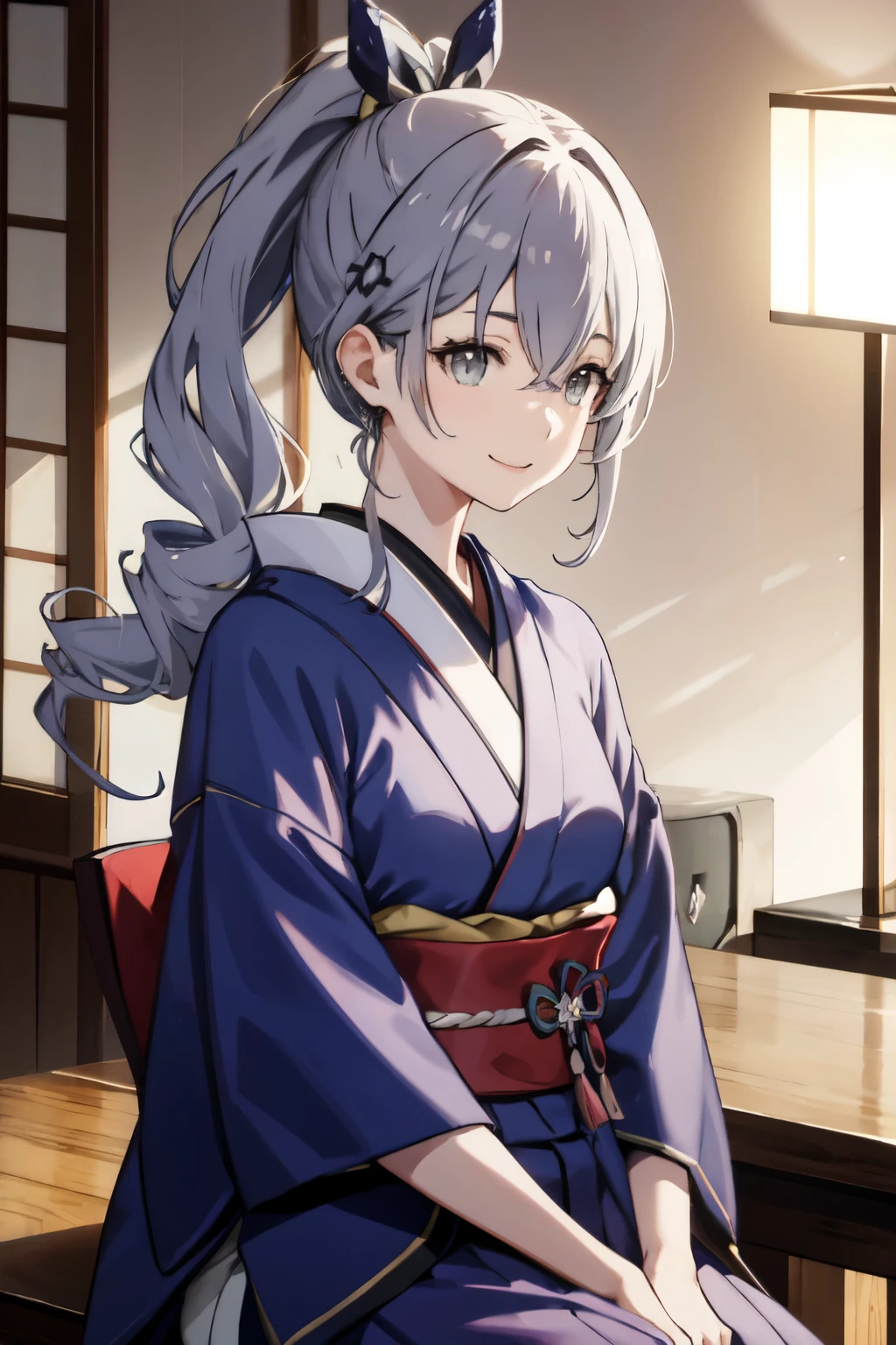 Japanese style ponytail woman、gray hair、smile
