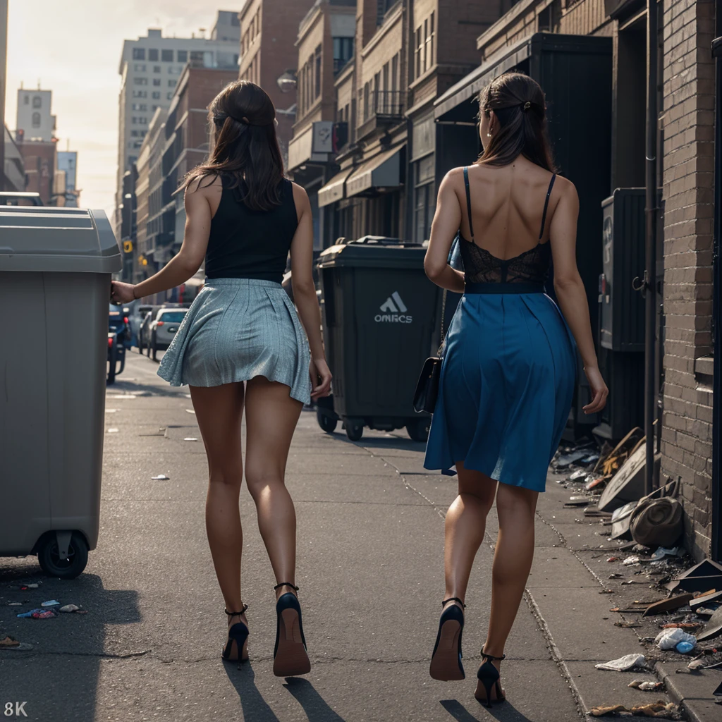 (1woman, full body), a woman is running, woman escapes, (solo woman:1.3), lady wearing a long lacy torn electric blue dress, wind rises her long skirt showing perfect buttocks. she turns her Beautiful face to the viewer, handbag in her hand, realistic hands, high-heels. She runs down NY streets. garbage dumpsters around, off-end road. City landscape. She escapes from fire and smoke, Beautiful perfect worried face. Closed eyes, slightly open mouth, smooth skin, real pores, (windyupskirt), back view, (woman is running:1.5), best quality, fine details, {{masterpiece, best quality, extremely detailed CG, unity 8k wallpaper, cinematic lighting, lens flare}}. ((extreme detail)), (ultra-detailed), best quality, ultra high res, (8k, RAW photo, masterpiece, realistic, photorealistic:1.4), 8k uhd, dslr, absurdres, ray tracing, high quality texture, intricate details, detailed texture, finely detailed. Dramatic dark lights, night illumination, skirtlift, she is alone in terrific place, fear