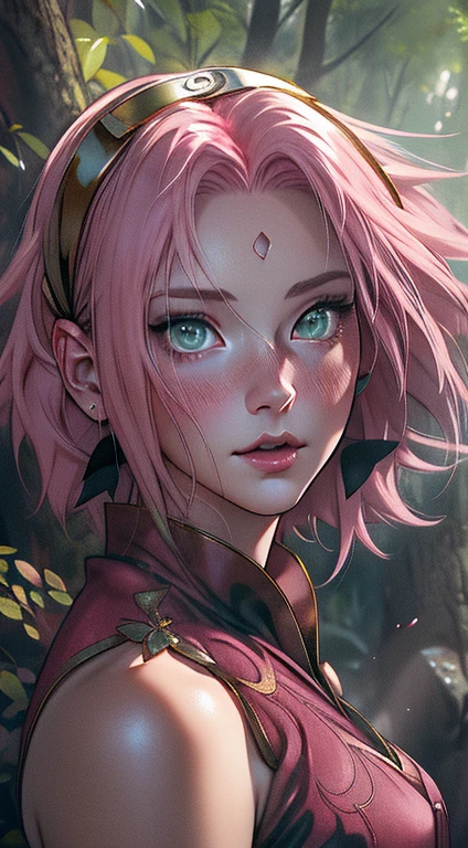young woman, short shoulder-length pink hair, wide forehead, porcelain skin, pink eyebrows, large emerald green eyes, buttoned nose, full lips, heart-shaped face, slender body, small breasts, white and gold clothing, goddess of Olympus, Sakura Haruno, realistic, Realism, details, 3d, well detailed.