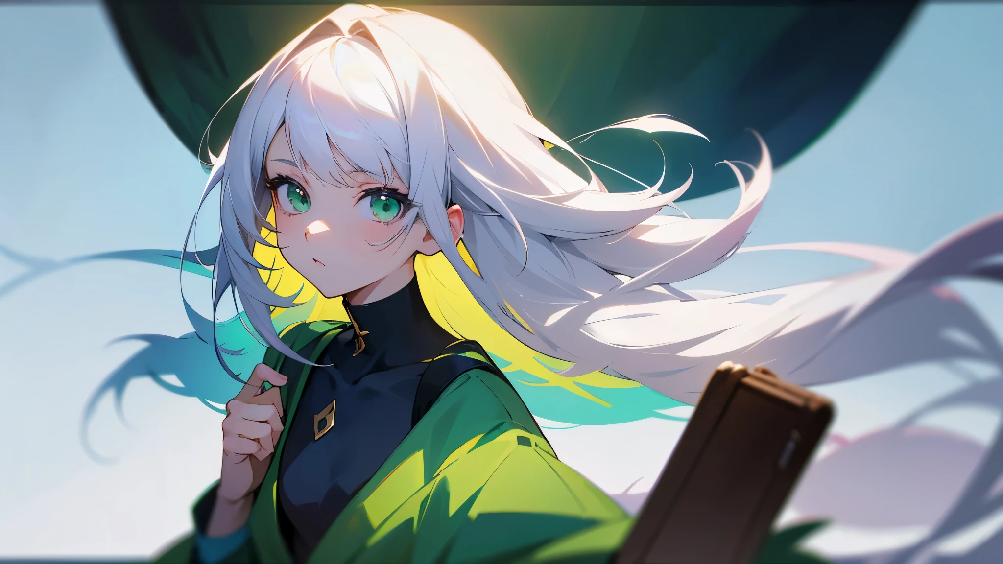 Anime girl with white hair and green eyes, long hair、Anime CG arte suave, anime style. 8k, Hecho con Anime Painter Studio, Retrato realista kawaii, Render de una linda chica de anime , Retrato suave colorido, Anime estilizado、(fondo plano), (Calidad de imagen superior), (Fondo de pantalla 8k unificado CG ultrafino), (colorido:1.2), Sharp focus (half body camera shot), flat chest, green clothes cute, looking at camera relaxed singing. lineart well defined good quality