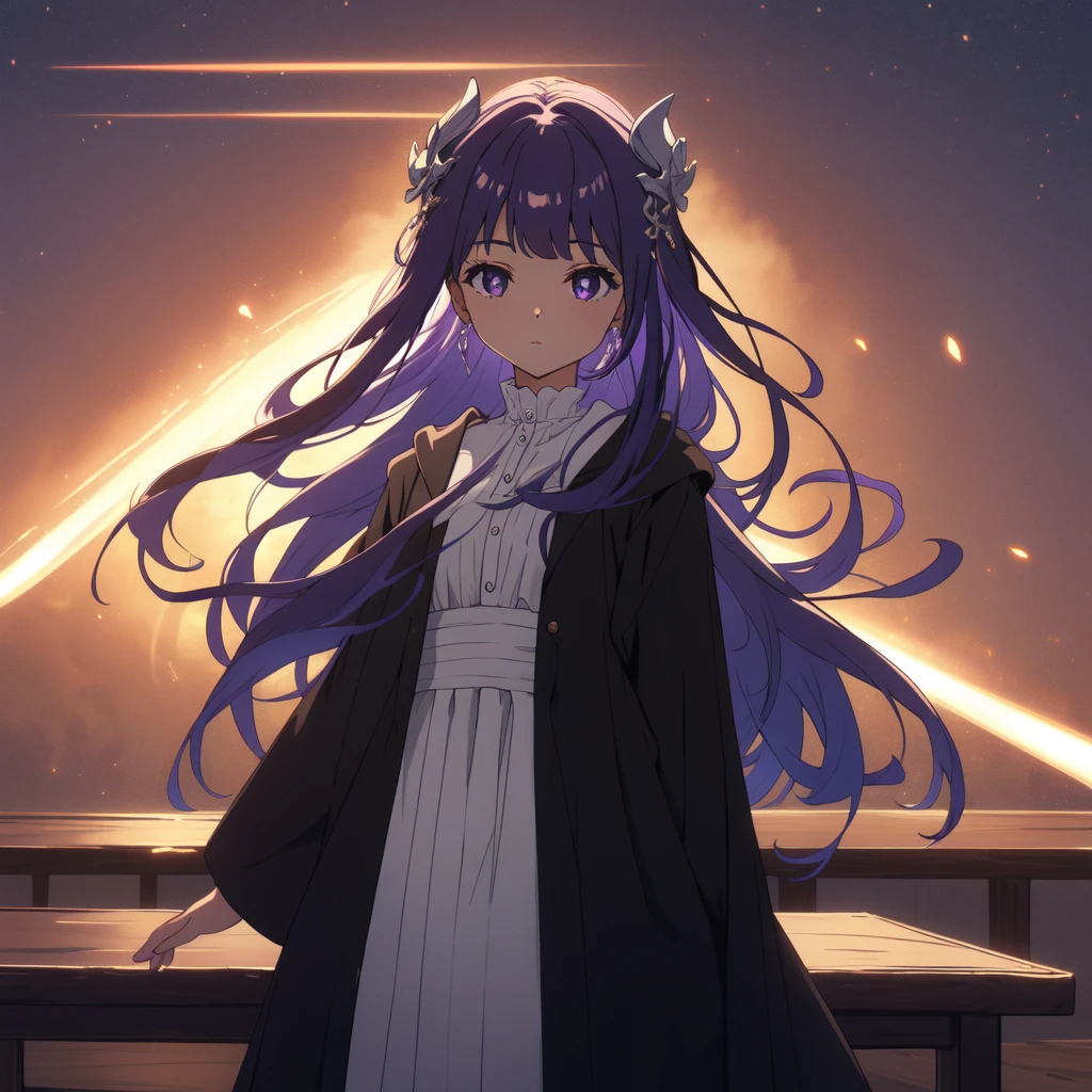 1 girl,alone,purple hair,long hair,purple eyes,dull bangs,side lock,half up hair,bright pupils, hair ornaments,Ruffled collar,black robe,white dress,center ruffle,button,wide sleeve,long sleeve,crooked,cowboy shot, looking at the viewer, and highest quality,((highest quality)),((table top)),((perfect face)),get used to it5two-fingered hand,1 girl,(background blur), ((holographic)),1 girl,milky way, (stripes of light), impressive visuals, (dynamic streak, path of light:1.2), bright colors,full body,dynamic pose