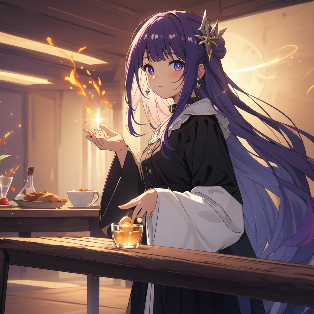 1 girl,alone,purple hair,long hair,purple eyes,dull bangs,side lock,half up hair,bright pupils, hair ornaments,Ruffled collar,black robe,white dress,center ruffle,button,wide sleeve,long sleeve,crooked,cowboy shot, looking at the viewer, and highest quality,((highest quality)),((table top)),((perfect face)),get used to it5two-fingered hand,1 girl,(background blur), ((holographic)),1 girl,milky way, (stripes of light), impressive visuals, (dynamic streak, path of light:1.2), bright colors,full body,dynamic pose