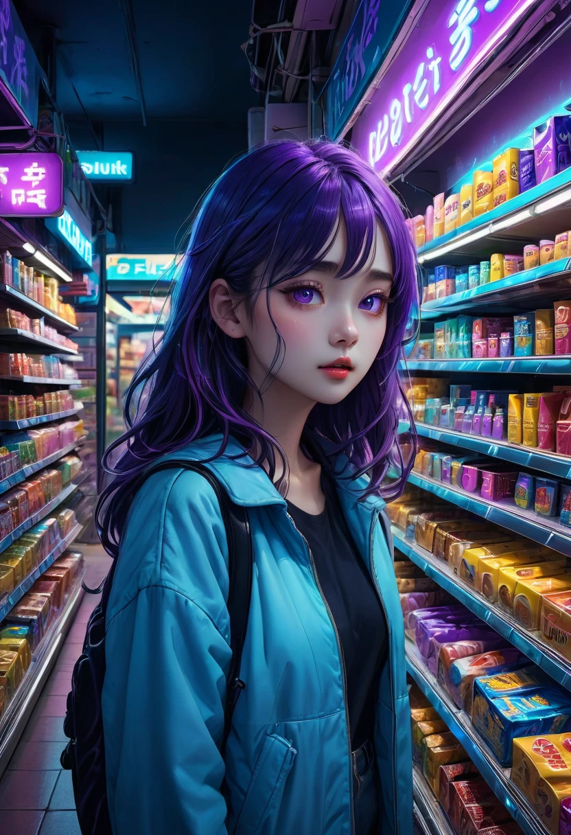 1girl, midnight convenience store, aesthetic, vibrant city lights, dimly lit shelves full of snacks and drinks, a cashier with tired eyes, fluorescent lighting casting a soft glow, late-night customers browsing the aisles, flickering neon signs outside the store, a sense of mystery and solitude, a hazy atmosphere with a touch of nostalgia, cinematic and atmospheric, high-res details capturing the smallest nuances, a combination of realism and dream-like quality, urban aesthetic blending with a hint of surrealism, cool blue and purple tones, soft shadows and subtle highlights, an ambiance that evokes a sense of tranquility and possibility in the midst of the night.