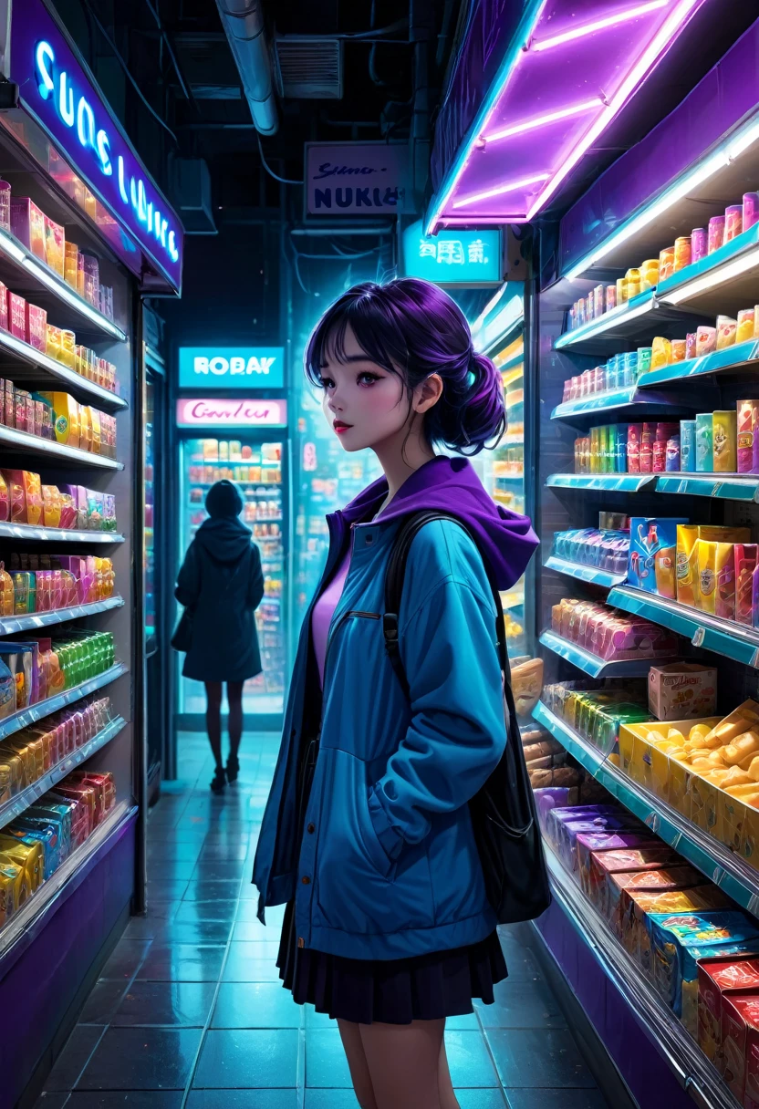 1girl, midnight convenience store, aesthetic, vibrant city lights, dimly lit shelves full of snacks and drinks, a cashier with tired eyes, fluorescent lighting casting a soft glow, late-night customers browsing the aisles, flickering neon signs outside the store, a sense of mystery and solitude, a hazy atmosphere with a touch of nostalgia, cinematic and atmospheric, high-res details capturing the smallest nuances, a combination of realism and dream-like quality, urban aesthetic blending with a hint of surrealism, cool blue and purple tones, soft shadows and subtle highlights, an ambiance that evokes a sense of tranquility and possibility in the midst of the night.