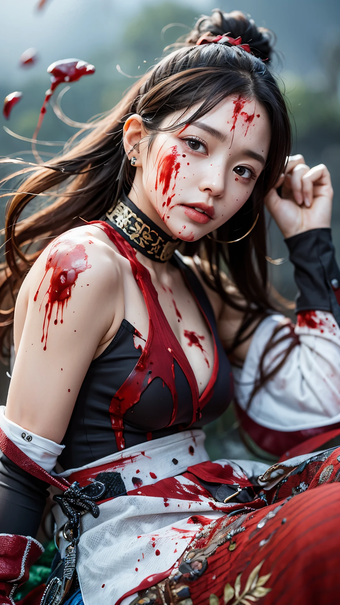 (ultra high definition, high quality,8k, masterpiece: 1.3), korean girl,  female warrior, ponytail, Joseon warrior&#39;s clothes, Armor, torn clothes, pale skin, 20 years old, (cut with a knife), (large amount of blood: 1.6), numerous wounds, holding a knife, lying in a mountain valley, lying bleeding, tired face, body half submerged in water, blood stains, loose eyes,wear combat uniform, holding a knife