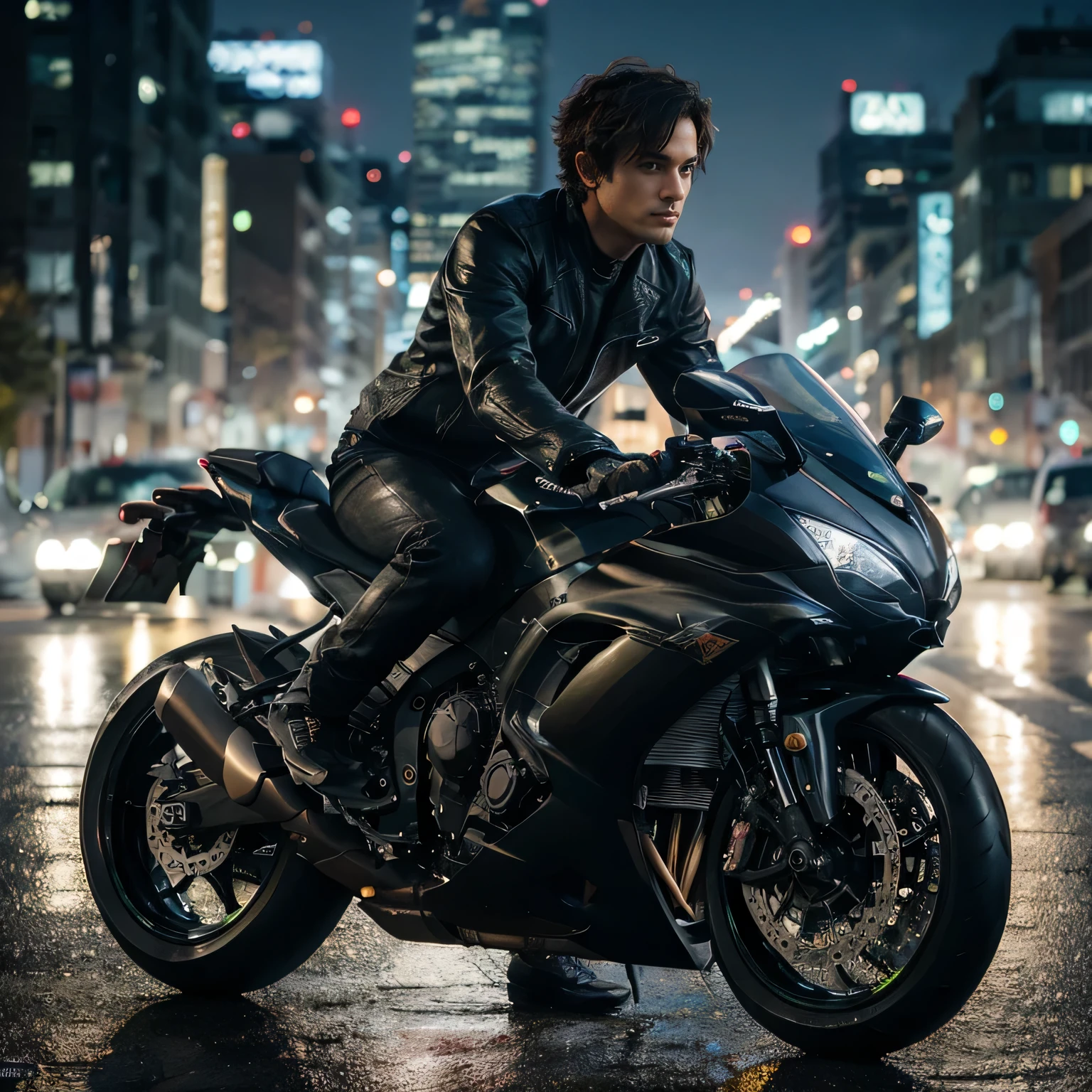 (masutepiece), full body shot, photo of the whole motorcycle, an romantic man 38yo with short curly hair, ride on black metallic shiny kawasaki ninja zx-14R in the road, wearing a leather black rider jacket, long black jeans, leather black ridding gloves, leather black pants, leather black boots, staring at night view over the city, detailed part motorcycle, detailed hair style, cinematic light, face look at viewer, 8K