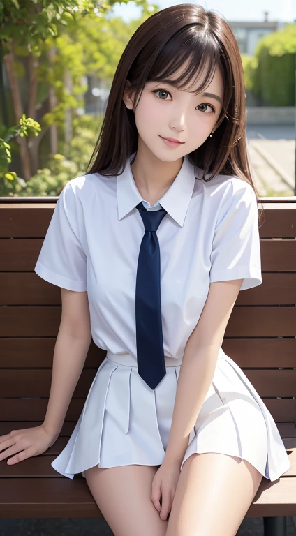 (table top, highest quality:1.2), 8K, 18-year-old, 85mm, official art, Raw photo, absurd, white dress shirt, cute face, close, Upper body, violaces, gardenia, beautiful girl, oversized school sweater, (navy pleated skirt:1.1), Cinch West, thighs thighs thighs, short sleeve, on the train, sit on a bench seat, looking at the viewer, no makeup, (smile:0.4), film grain, chromatic aberration, sharp focus, face light, clear lighting, , detailed face, background bokeh, (dark red tie:1.1)、Huge 