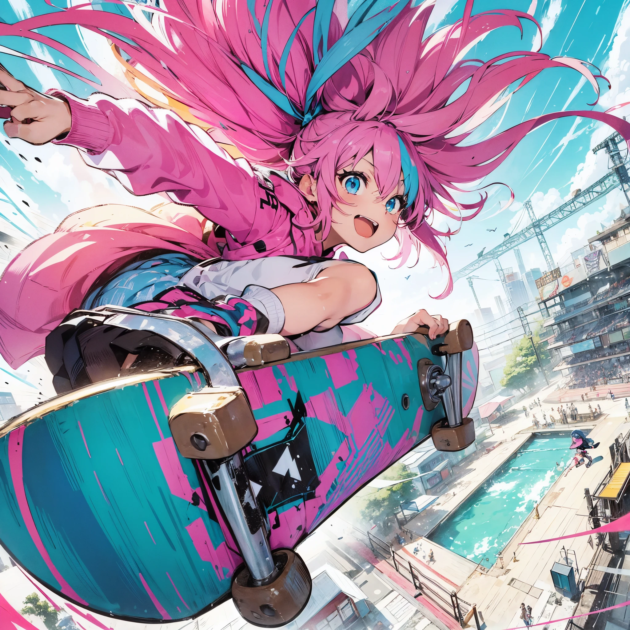 Brightly colored anime style, rough and intense illustration of Pink-chan, a 20-year-old anime style character, jumping high in the sky on a skateboard. The background depicts a skateboard park with elements of breakdancing high in the sky, dynamically jumping high into the sky. The image is a dynamic and lively angle from below, using thick, exaggerated lines and brush strokes to emphasize speed and action. Pink-chan has medium-length pink hair with blue highlights, light blue eyes, and a small mole next to her left eye. She has a slim figure of about 150 cm tall and wears a modern white hoodie and a blue butterfly hair ornament. The background is an urban skate park, painted with a rough hand-drawn aesthetic, which heightens the sense of wild energy and movement.