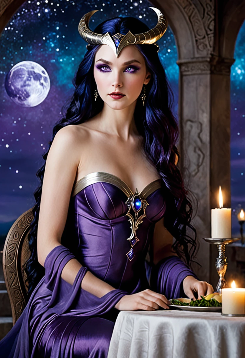 Goddess of the night nix, with her hair as long as the black night, violet eyes, your dark powers, skin as pale as the moon, but the most beautiful is the most mysterious of the goddesses, and she was sitting at the table during a dinner in Asgard