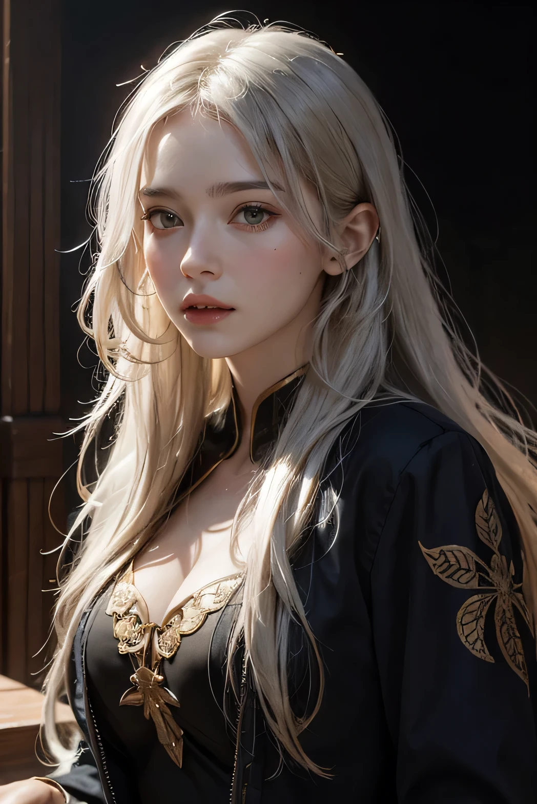 Hyperrealist portrait of female by david hockney and alphonse mucha,fantasy art, photo realistic, dynamic lighting, artstation, poster, volumetric lighting, very detailed faces, 4 k, award winning,, 1girl, in the dark, deep shadow, low key,cowboy shot,(official clothing:1.4) ,long hair,white hair,