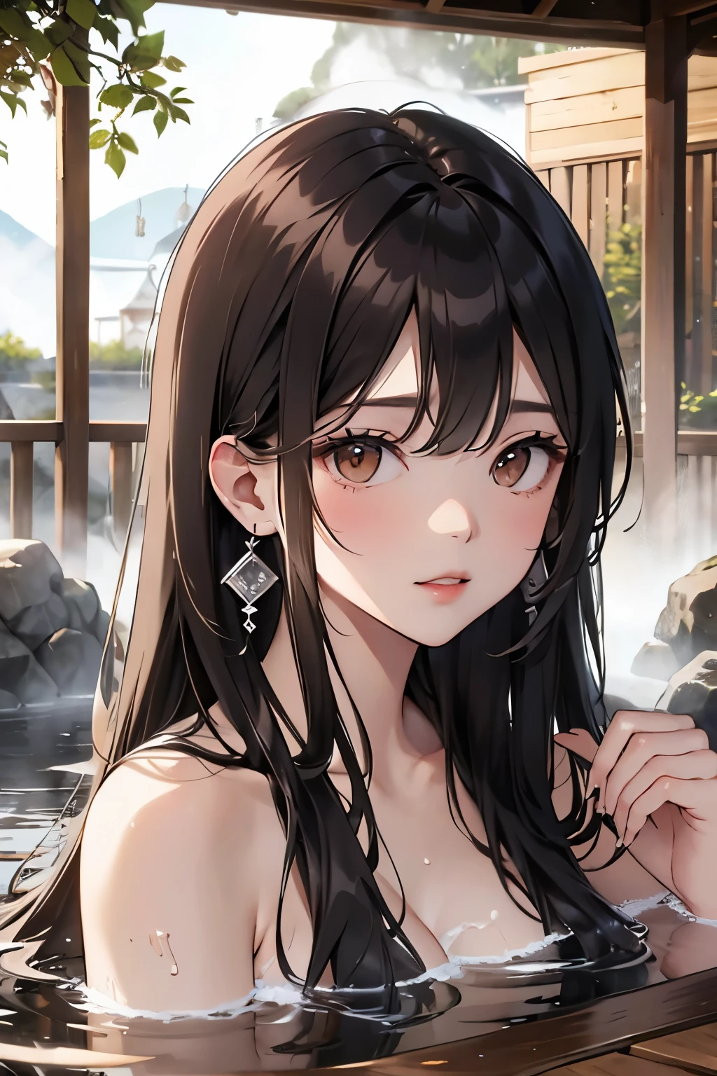 best quality, highres,Slender、brown eyes、tall、black hair、（forehead:1.3),straight hair、(hot spring:1.6)、(naked:1.3)、Silver earrings、shyness
