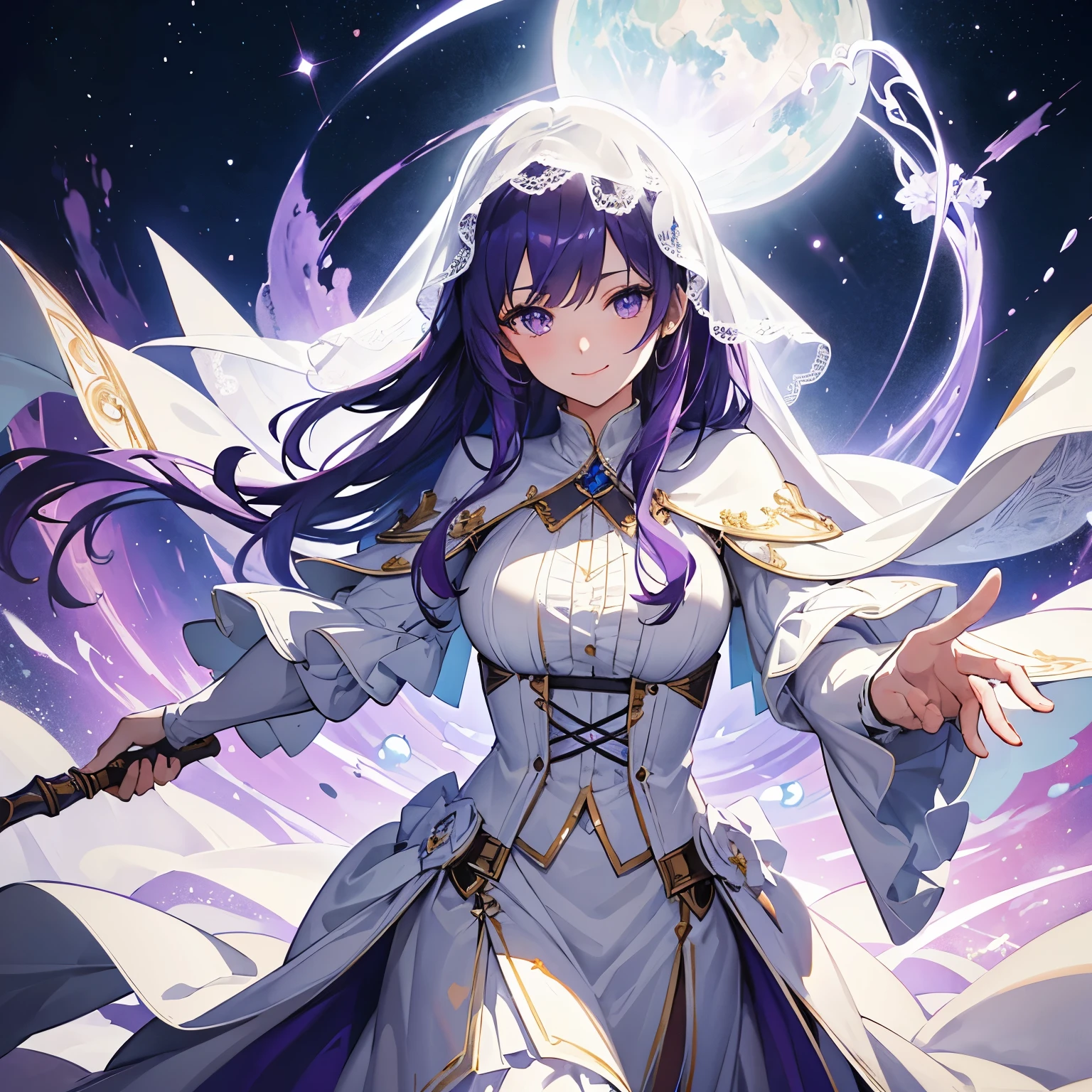 masterpiece, highest quality, electricity, veil, white dress, capelet, looking at the viewer, smile, outdoor, Holding a cane with both hands, Wizard's Staff,light purple hair
