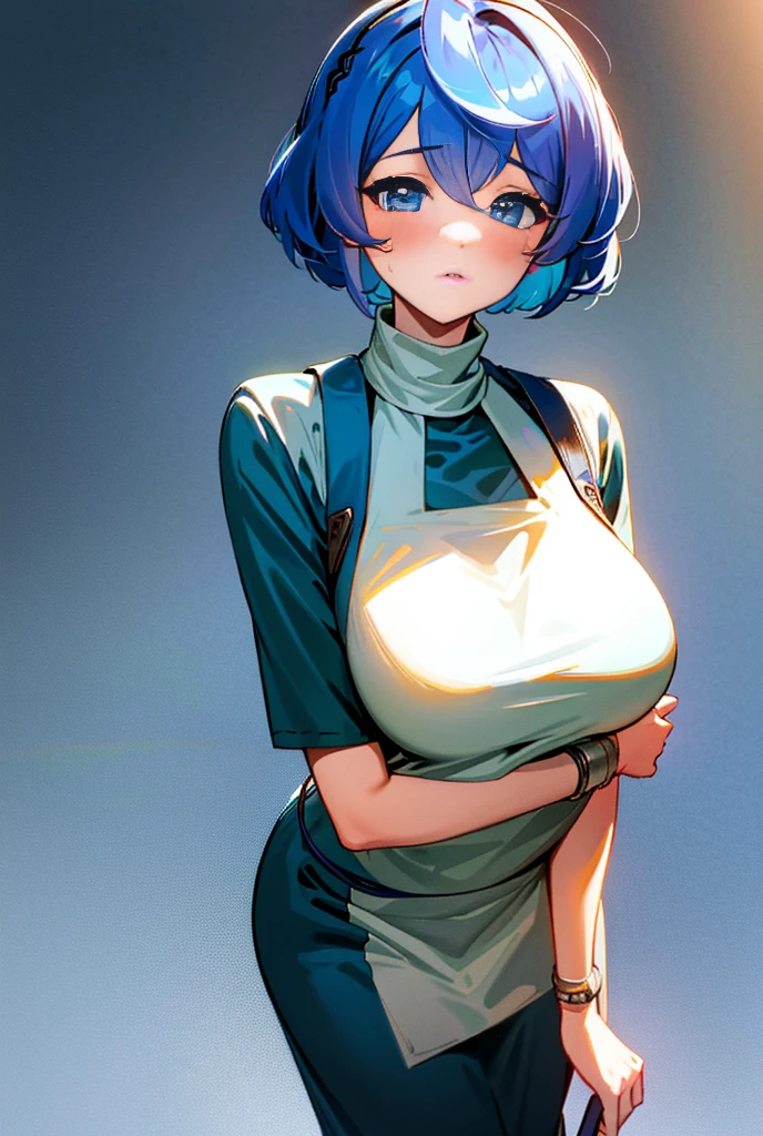 ((girl,  alone, Ako Amau,  big breasts, flushed cheeks, bob cut, bobbed hair, apron, exposed ))