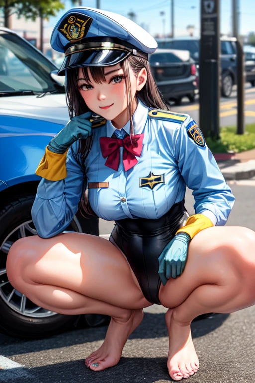 ((best quality)), ((masterpiece)), (detailed), perfect face Parking enforcer wearing bowtie, cap, gloves and long sleeve leotard squatting barefoot. Painted toenails