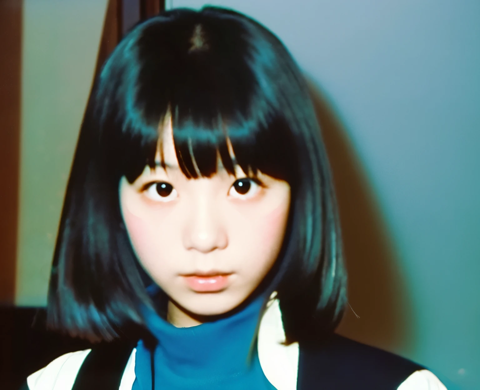 color unsharp masking quality. (A young Japanese woman as extreme small as ryukakusan). thick outline. blurry photo. color slide film. 1958.
