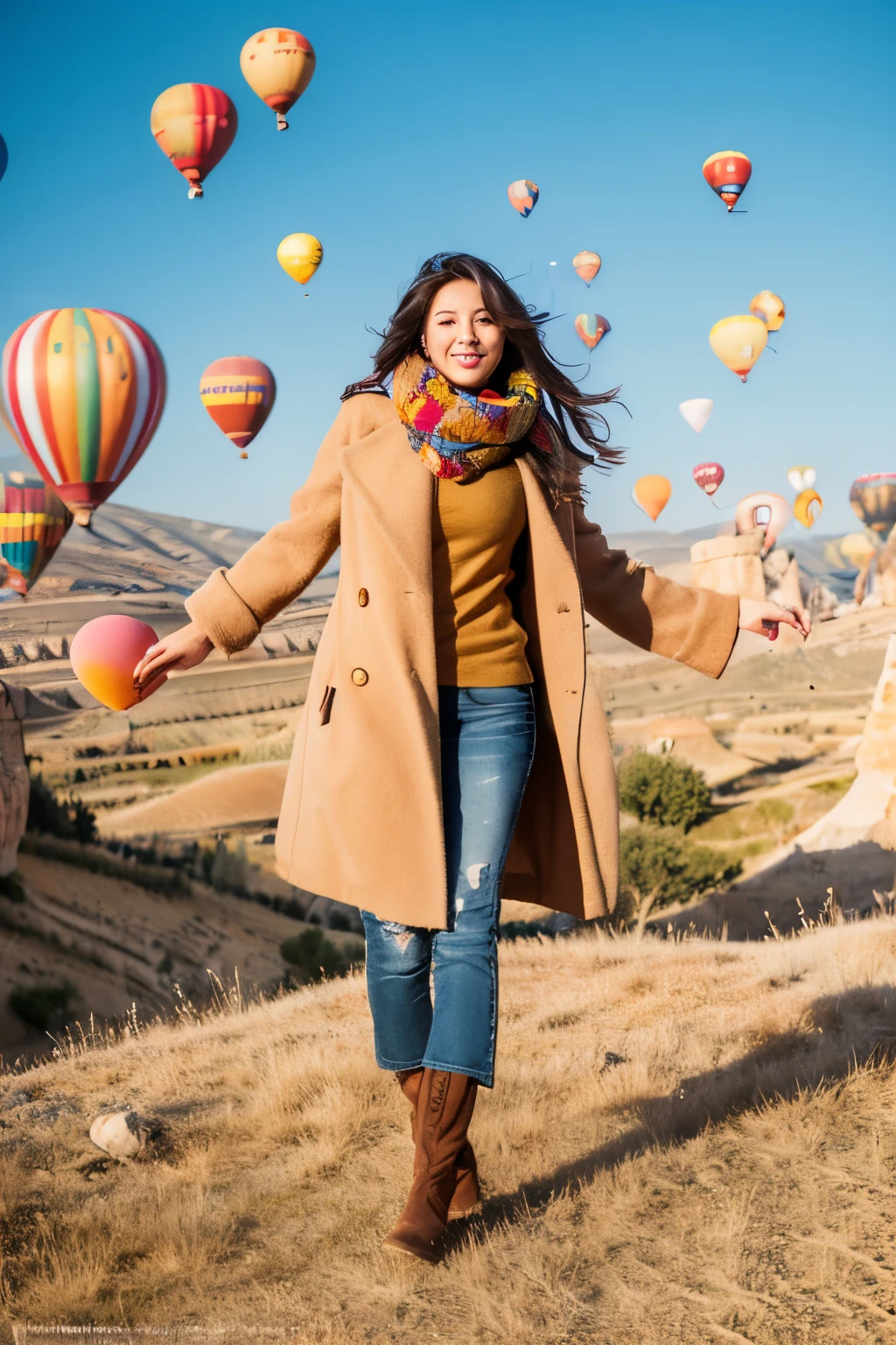 A beautiful 26 year old Indonesian woman wearing a beige coat, scarf and high boots poses elegantly with several giant colorful balloons in the sky of Cappadocia, Turkey.
