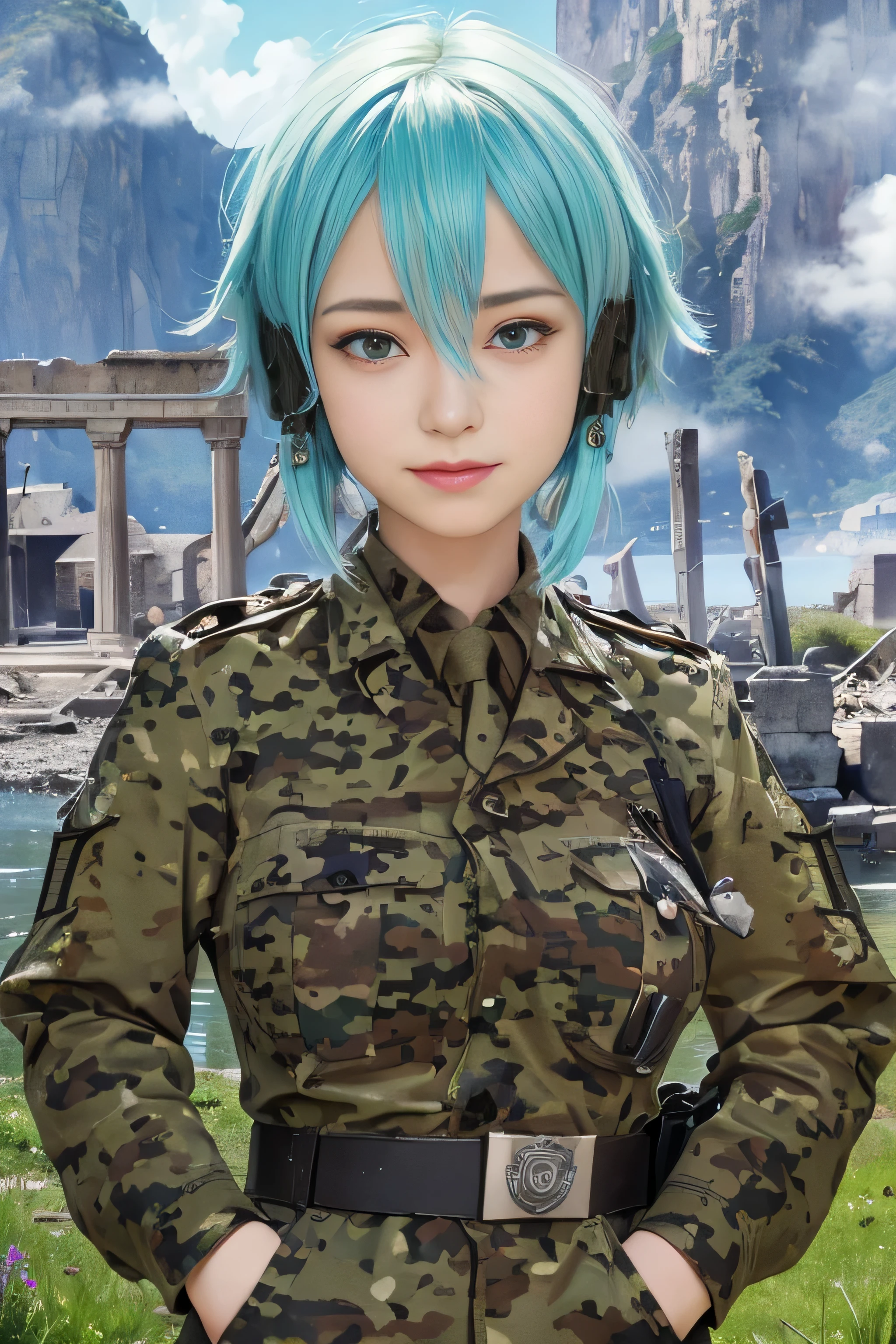 Realistic,masterpiece, best quality, (realistic,photo-realistic:1.4), (RAW photo:1.2),extremely detailed CG unity 8k wallpaper, delicate and beautiful, amazing,finely detail, official art, absurdres, incredibly absurdres, huge filesize, ultra-detailed,extremely detailed eyes and face, light on face,sinon,(little smile:1.2),(cyan hair:1.3),short hair,,(medium breast:1.3),(ruins background:1.4),(hair ornament:1.4),(wearing ww2 military uniform:1.4),camouflage,sidelocks,black belt,blue shirt,