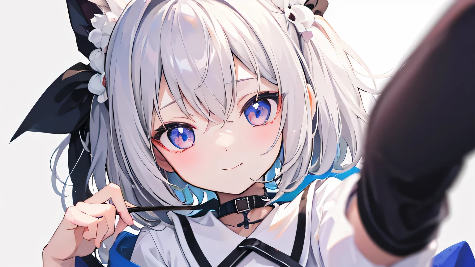 ((masterpiece、highest quality))、1 girl、Short Hair、gray hair、dress、white clothes、short、black shirt、skirt、black skirt、socks、Black socks、anime、cute、flat chest、Perfect eyes staring at the viewer、Portrait、face focus、smile、Hold the chocolate in front of your face、embarrassed、background white