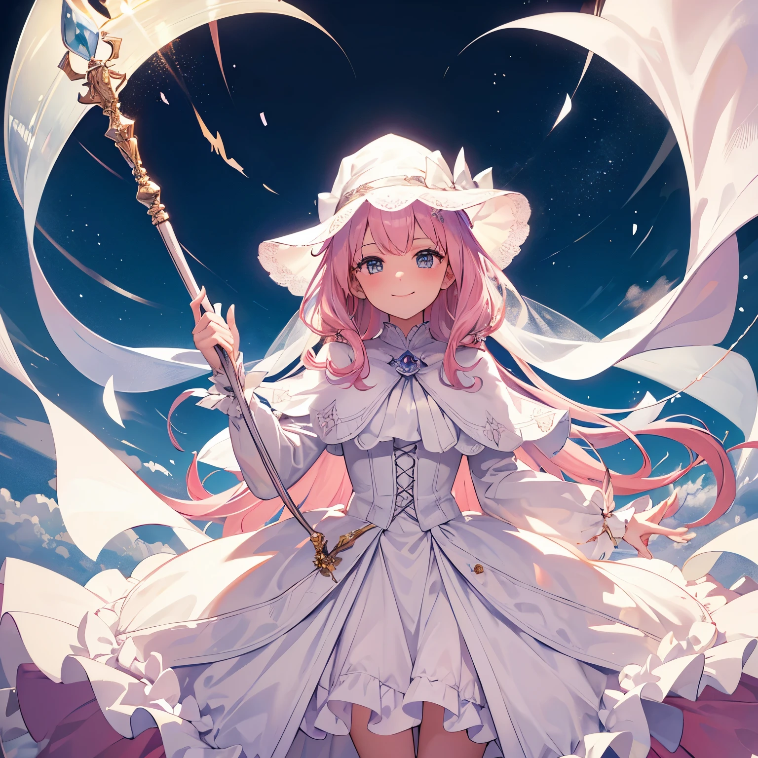 masterpiece, highest quality, electricity, veil, white dress, capelet, looking at the viewer, smile, outdoor, Holding a cane with both hands, Wizard's Staff,light pink hair