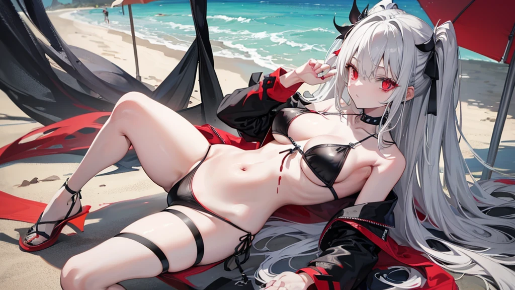 Long gray hair,blood red eyes,Necklace with cross,Wearing a black and white goth bikini,beach,beach球