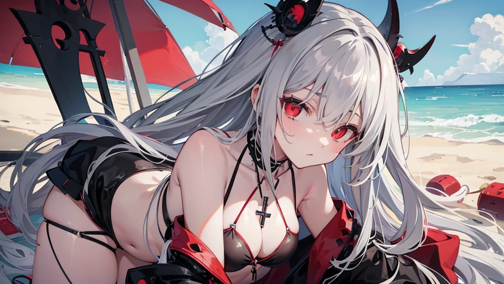 Long gray hair,blood red eyes,Necklace with cross,Wearing a black and white goth bikini,beach,beach球