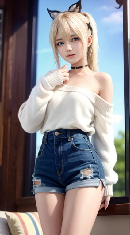 (marie rose), blonde、Big Boo Buster Piece), highest quality, very detailed, (watercolor painting), bloom, delicate and beautiful, figure, (from below),(1 girl:1.4), (alone:1.2),  (ribbed sweater:1.3), off shoulder sweater, (short shorts:1.2), bare shoulders, (underboob), ((white skin:1.2)), beautiful eyes, (messy hair ), full body tights,photograph, over the shoulder shot, Written by Alex Malev, Professional, Canon Camera, nikon camera, sharp, Bokeh, studio quality, fisheye lens, Written by Robert Capa ,