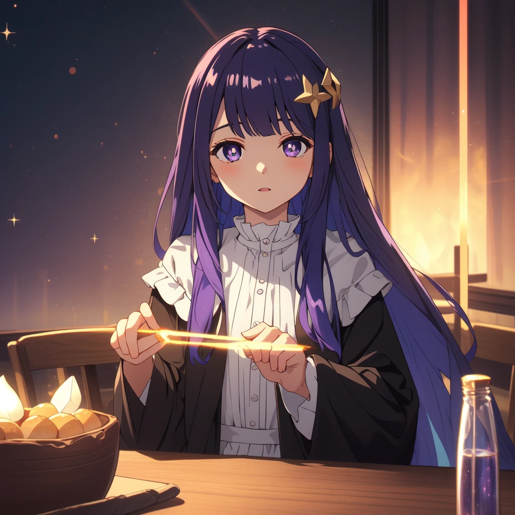 1 girl,alone,purple hair,long hair,purple eyes,dull bangs,side lock,half up hair,bright pupils, hair ornaments,Ruffled collar,black robe,white dress,center ruffle,button,wide sleeve,long sleeve,crooked,cowboy shot, looking at the viewer, and highest quality,((highest quality)),((table top)),((perfect face)),get used to it５two-fingered hand,1 girl,(background blur), ((holographic)),1 girl,milky way, (stripes of light), impressive visuals, (dynamic streak, path of light:1.2), bright colors, full body, dynamic pose