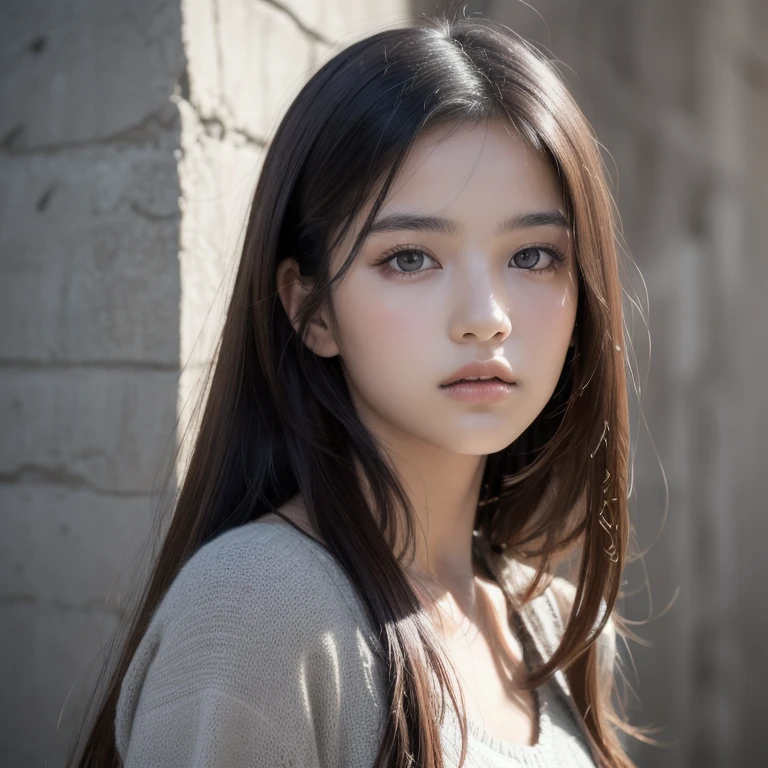 beautiful girl, portrait, masterpiece, Best Quality, Photo-realistic, Ultra-detailed, High resolution, 8K Wallpaper, , Russian French Japanese and Korean mixed face, noble pure innocent and cute face, dark brown messy long hair, accurate human skeleton, Perfect dynamic composition, Beautiful detailed eyes, detailed hairs, Detailed realistic skin texture, basement background, concrete wall background, bright light, sunlight,