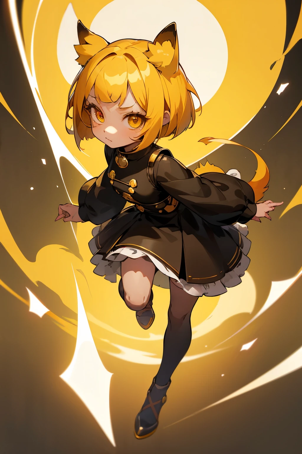 girl, full body, cartoon style, chibi style, cute, dog tail, dog ear, Demon horns from the forehead, devil, beautiful face, yellow color eye, beautiful eye, high detailed pupil, double eyeylid, high detailed skin, high quality skin, yellow color hair, bob cut hair, black clothes, masterpiece,