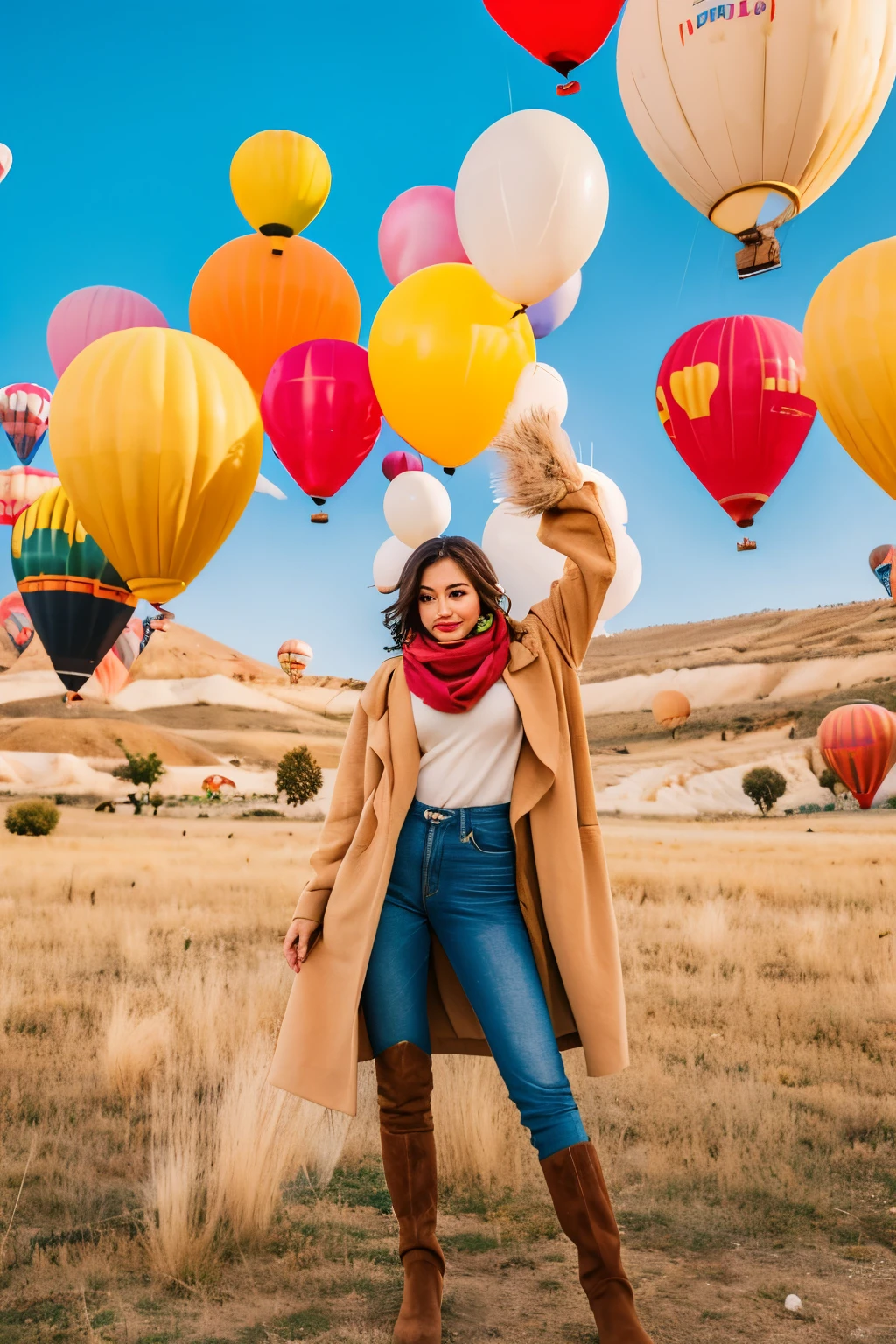 A beautiful 26 year old Indonesian woman wearing a beige coat, scarf and high boots poses elegantly with several giant colorful balloons in the sky of Cappadocia, Turkey.