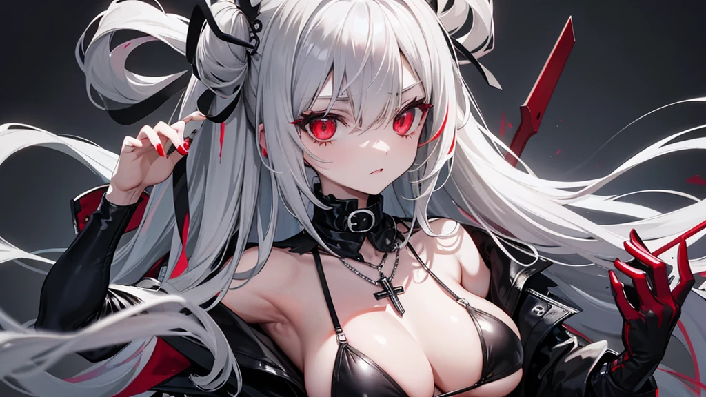 Long gray hair,blood red eyes,Necklace with cross,Wearing a black and white goth bikini,Woman on top