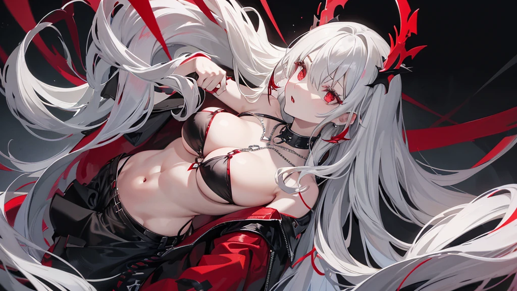 Long gray hair,blood red eyes,Necklace with cross,Wearing a black and white goth bikini,Woman on top