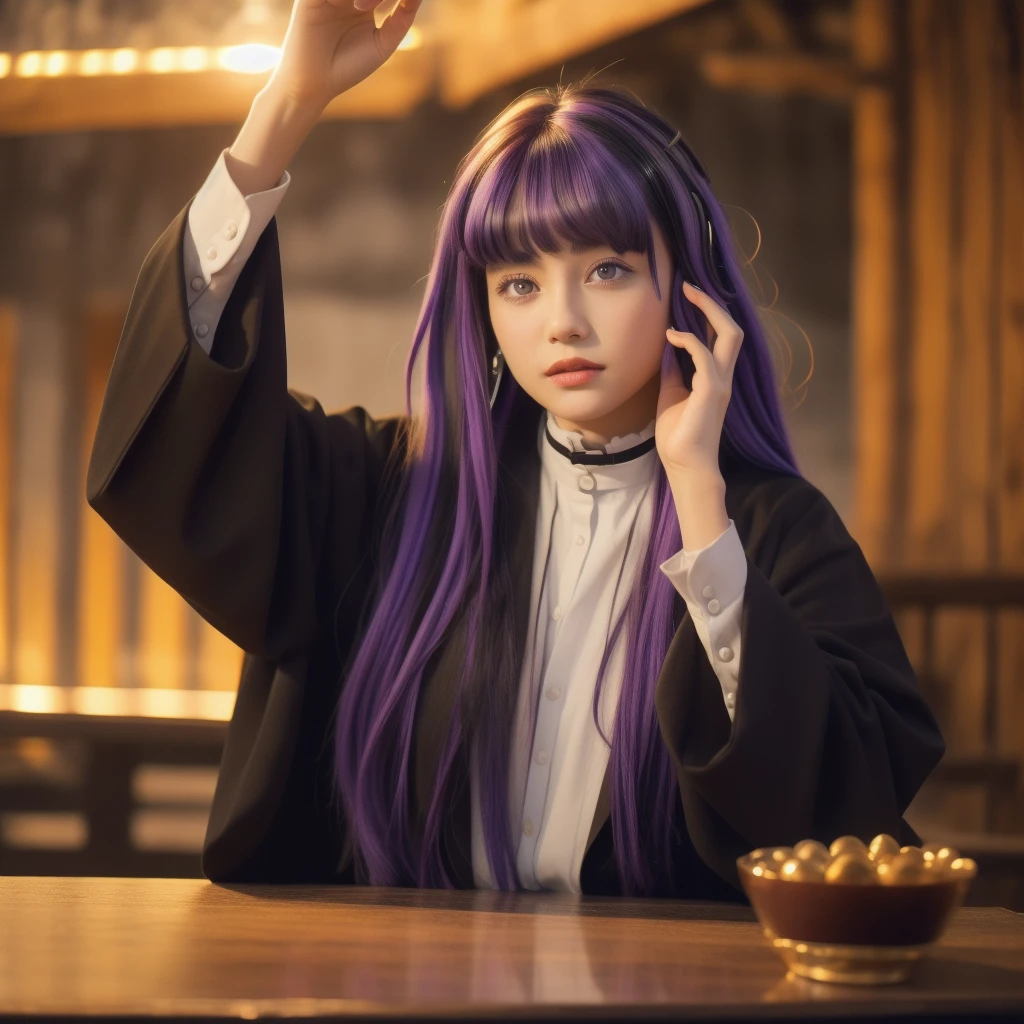 1 girl,alone,purple hair,long hair,purple eyes,dull bangs,side lock,half up hair,bright pupils, hair ornaments,Ruffled collar,black robe,white dress,center ruffle,button,wide sleeve,long sleeve,crooked,cowboy shot, looking at the viewer, and highest quality,((highest quality)),((table top)),((perfect face)),get used to it５two-fingered hand,1 girl,(background blur), ((holographic)),1 girl,milky way, (stripes of light), impressive visuals, (dynamic streak, path of light:1.2), bright colors, full body, dynamic pose