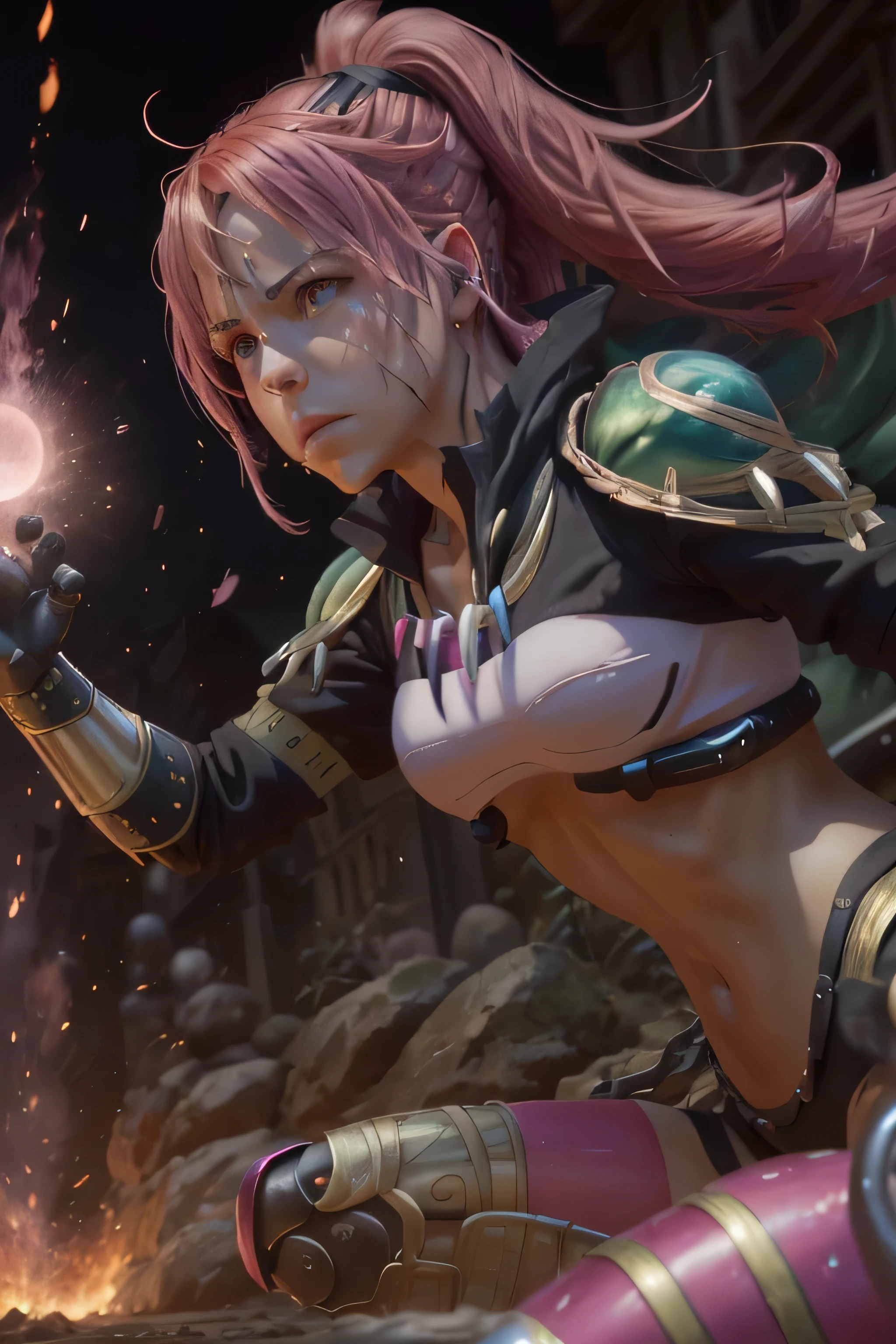 (best quality,4k,highres,masterpiece:1.2),ultra-detailed,(realistic,photorealistic:1.37),Milim Nava,serious expression,pink hair,robotic eyes,detailed fantasy art,fighting stance, -postura de lucha