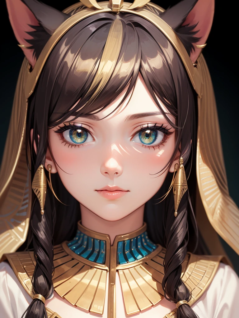 very good illustration, High detail, dynamic angle, beautiful detailing,2D, (Best quality, masterpiece, Beauty, tenderness), anime, Highly detailed face, very detailed eyes, very detailed background, perfect lighting, whole body, 1 girl, One, (Very detailed cat ears), (Very detailed ears behind the hair)? Goddess Bastet, Ancient Egypt \(Очень подробный Ancient Egyptian\), Very detailed clothes, green eyes, Finely detailed eyes, ears covered with hair, (very detailed background)