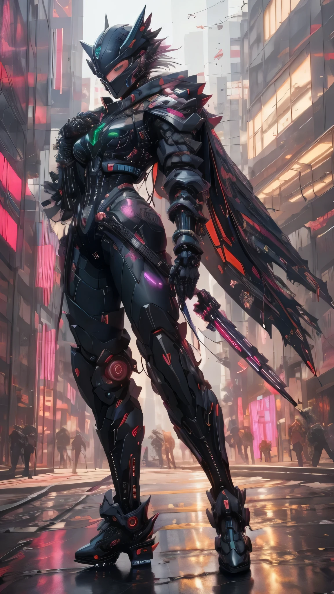 full body shot shot,There was a woman dressed in black and green,Perfect looks,Carrying a rucksack, cyberpunk face mask,Cyberpunk super long hair,cyberpunk streetwear, cyberpunk suit, cyberpunk street goon, Cyberpunk long cape,A cyberpunk extra-long mechanical tail is attached to the tail vertebrae,cyberpunk wearing, cyberpunk techwear, muted cyberpunk style, has cyberpunk style, cyber punk style, wearing cyberpunk streetwear, cyberpunk soldier, Hyper-realistic cyberpunk style, cyberpunk character design, all black cyberpunk clothes, Raven in cyber armor, Cyberpunk clothes