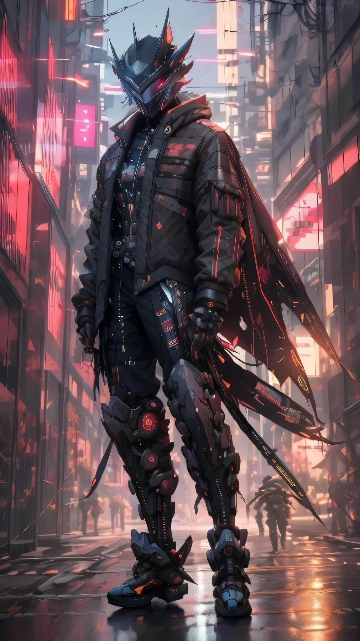 full body shot shot,There was a woman dressed in black and green,Perfect looks,Carrying a rucksack, cyberpunk face mask,Cyberpunk super long hair,cyberpunk streetwear, cyberpunk suit, cyberpunk street goon, Cyberpunk long cape,A cyberpunk extra-long mechanical tail is attached to the tail vertebrae,cyberpunk wearing, cyberpunk techwear, muted cyberpunk style, has cyberpunk style, cyber punk style, wearing cyberpunk streetwear, cyberpunk soldier, Hyper-realistic cyberpunk style, cyberpunk character design, all black cyberpunk clothes, Raven in cyber armor, Cyberpunk clothes