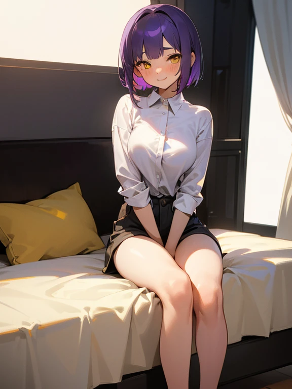 full body, 1 girl, purple hair, short hair, yellow eyes, medium breasts, living room, modern villa, detailed background, highres, highly detailed face, Detailed eyes, shy expression, blush, good proportions, happy smile, homey, girlfriend, oversized white shirt, shorts, bare legs, sitted on bed