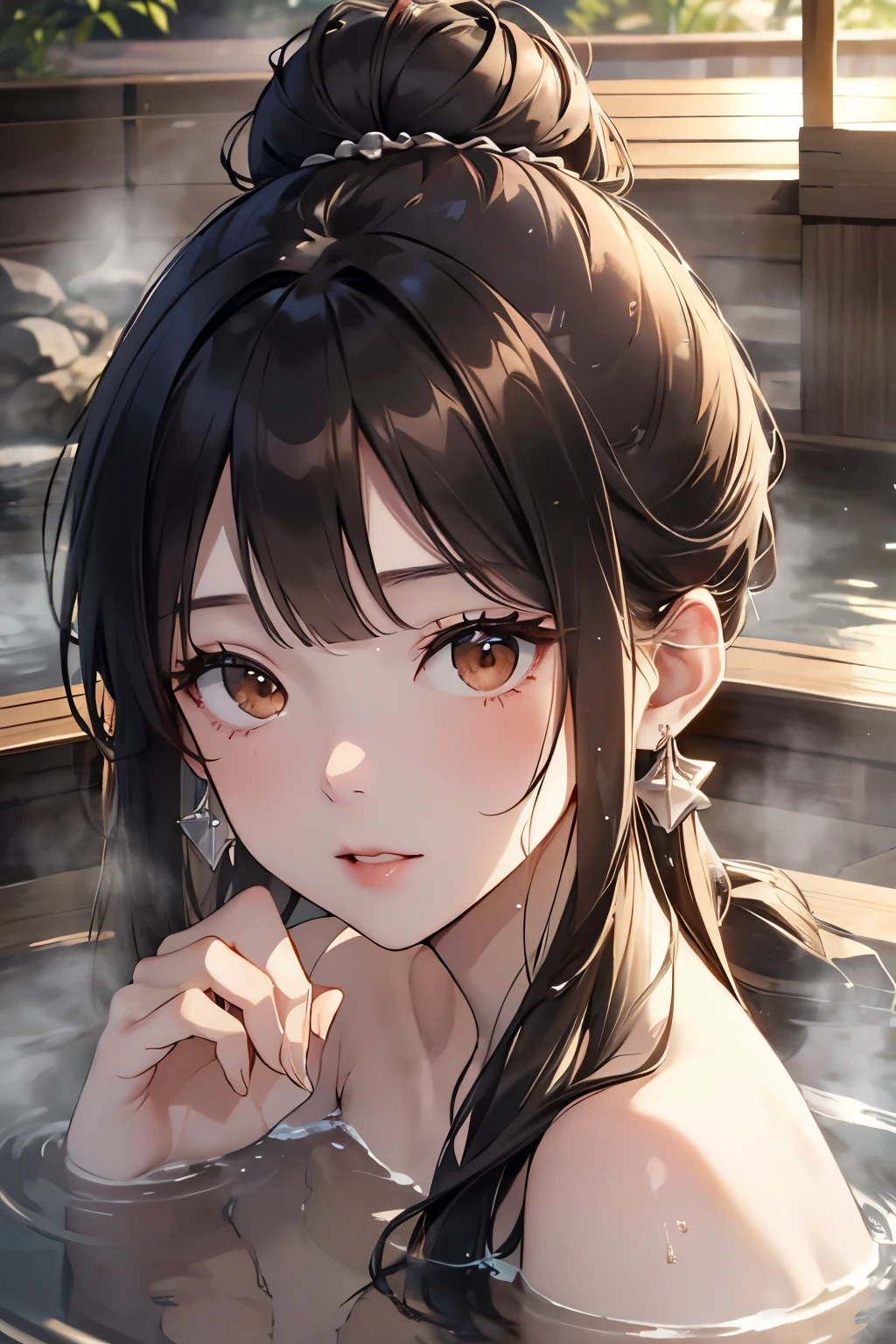 best quality, highres,Slender、brown eyes、tall、black hair、（forehead:1.3),bun hair、(hot spring:1.6)、(naked:1.3)、Silver earrings、shyness
