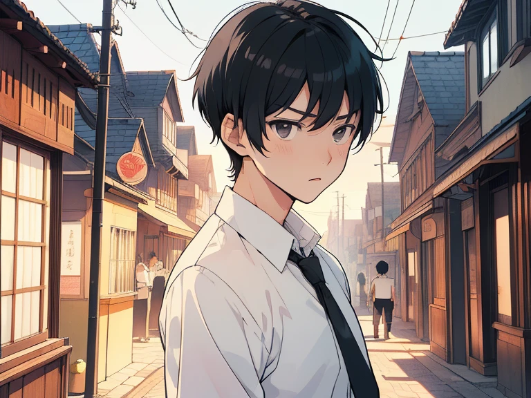((((boy, men)))),(((taken from the front, 1 boy, white , short hair, black hair, black eyes, high school student, tall, serious face, tie))), (On the way home from school), (Uniform), (Masterpiece), (High resolution), (Top quality), (Super delicate), ((Line drawing manga style)), Wallpaper, Manga style illustration, Painting style, (unique atmosphere), unique world view, unique atmosphere, ((town)), (masterpiece), (high resolution), (highest quality), (super delicate), line drawing manga style, comic style illustration, how to draw, warm outline color, (clear), (obvious)