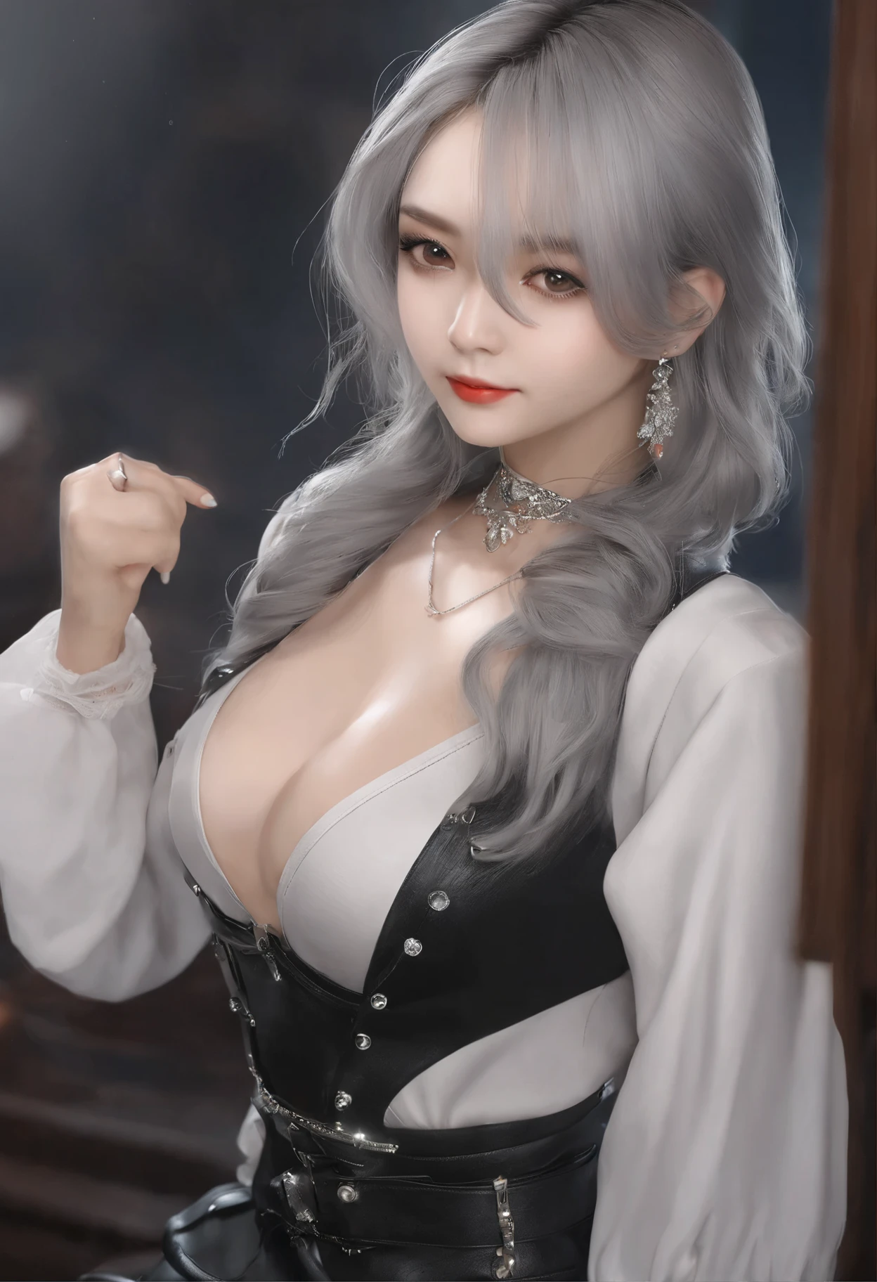 masterpiece、realistic、from the front、whole body、looking at the camera、woman、20generation、 Enigmatic eyes、Strict Eye、Pointed nose、lip gloss、toothless smile、close your mouth、angry、narrow your eyes、long hair、black hair、silver hair、asymmetric style、gray hair、blonde、Ear Jacket Piercing、Diamond Earrings、cartilage piercing、Chandelier Earrings、leather suit、leather jacket、High gloss clothing、leather skirt、Knee-high leather socks、Leather garter belt、Thigh Leather Bootiddle chest、small butt、slim body type、standing、wrist set、view from above、diamond necklace、Shiny necklace、room、Room with restraints、dark room、beautiful woman