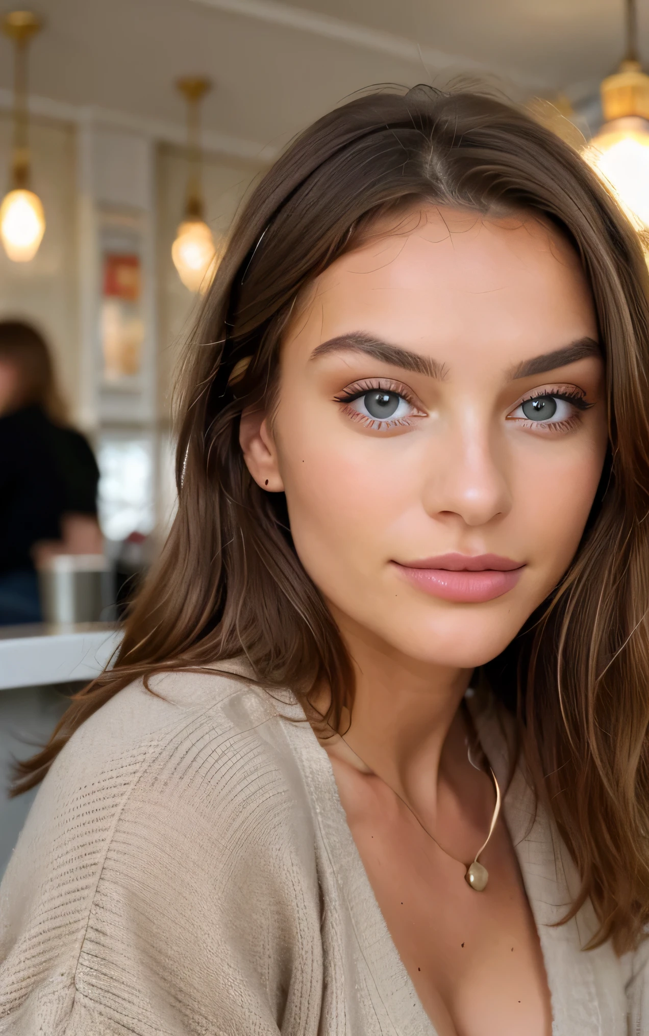 Belle brune aux reflets blonds portant un pull beige (in a café drinking soda), Very detailed, 22 ans, visage innocent, natural wavy dark blonde hair, yeux bleus, High resolution, masterpiece, Best quality, intricate high detail, highly detailed, mise au point nette, detailed skin, realistic skin texture, texture, detailled eyes, professionnel, 4K, sourire charmant, filmed on Canon, 85 mm, faible profondeur de champ, Couleur Kodak Vision, perfect fit body, Extremely detailed, photographier_\(ultra\), photoreallistic, Realstic, Post-traitement, Maximum details, roughness, real life, ultra realist, photorealism, photographie, 8K UHD, photographie