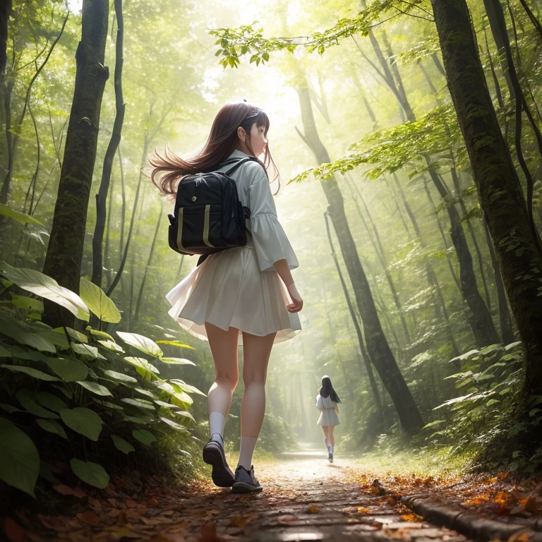 Girl walking in the forest，sunlight through leaves，Falling on her pure white skirt，Blooming with colorful light。16k——Automatic