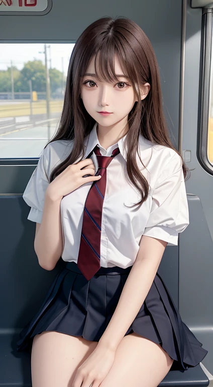 (table top, highest quality:1.2), 8K, 18-year-old, 85mm, official art, Raw photo, absurd, white dress shirt, cute face, close, Upper body, violaces, gardenia, beautiful girl, oversized school sweater, (navy pleated skirt:1.1), Cinch West, thighs thighs thighs, short sleeve, on the train, sit on a bench seat, looking at the viewer, no makeup, (smile:0.4), film grain, chromatic aberration, sharp focus, face light, clear lighting, , detailed face, background bokeh, (dark red tie:1.1)、Huge