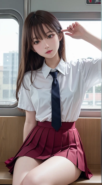 (table top, highest quality:1.2), 8K, 18-year-old, 85mm, official art, Raw photo, absurd, white dress shirt, cute face, close, Upper body, violaces, gardenia, beautiful girl, oversized school sweater, (navy pleated skirt:1.1), Cinch West, thighs thighs thighs, short sleeve, on the train, sit on a bench seat, looking at the viewer, no makeup, (smile:0.4), film grain, chromatic aberration, sharp focus, face light, clear lighting, teen, detailed face, background bokeh, (dark red tie:1.1)、Huge