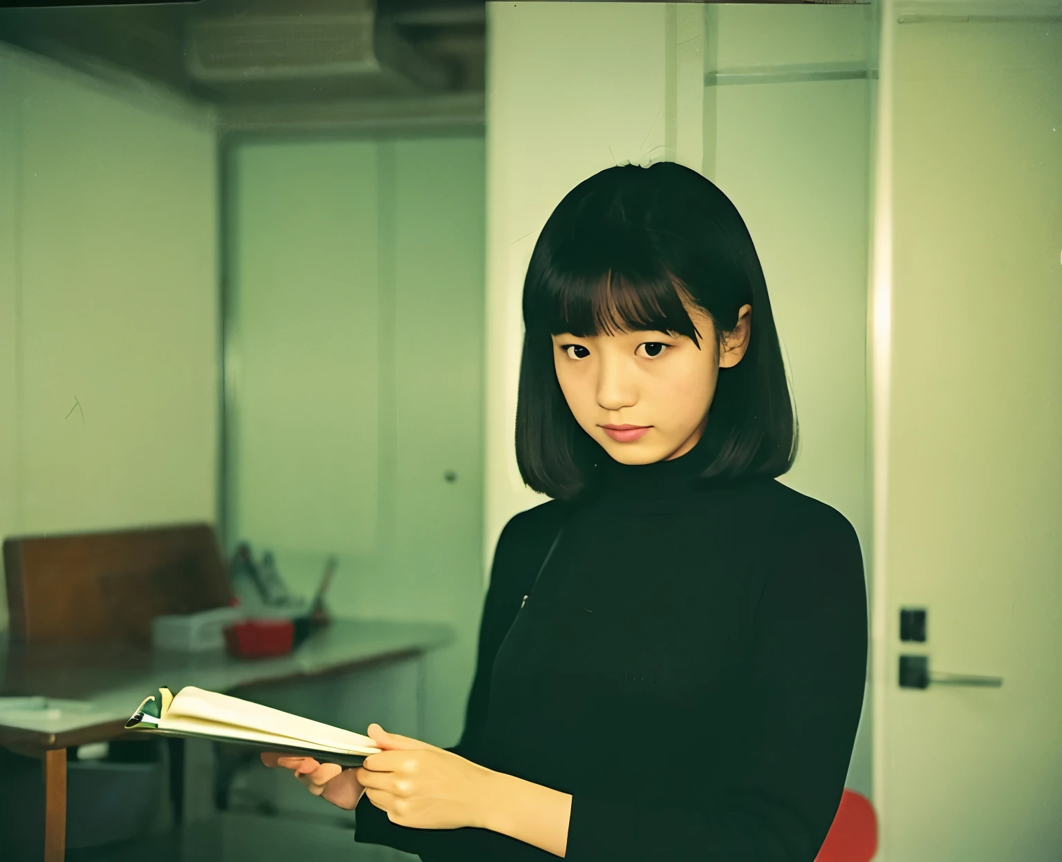 color unsharp masking quality. (A young Japanese woman as extreme small as cockroach). thick outline. blurry photo. color slide film. 1958.