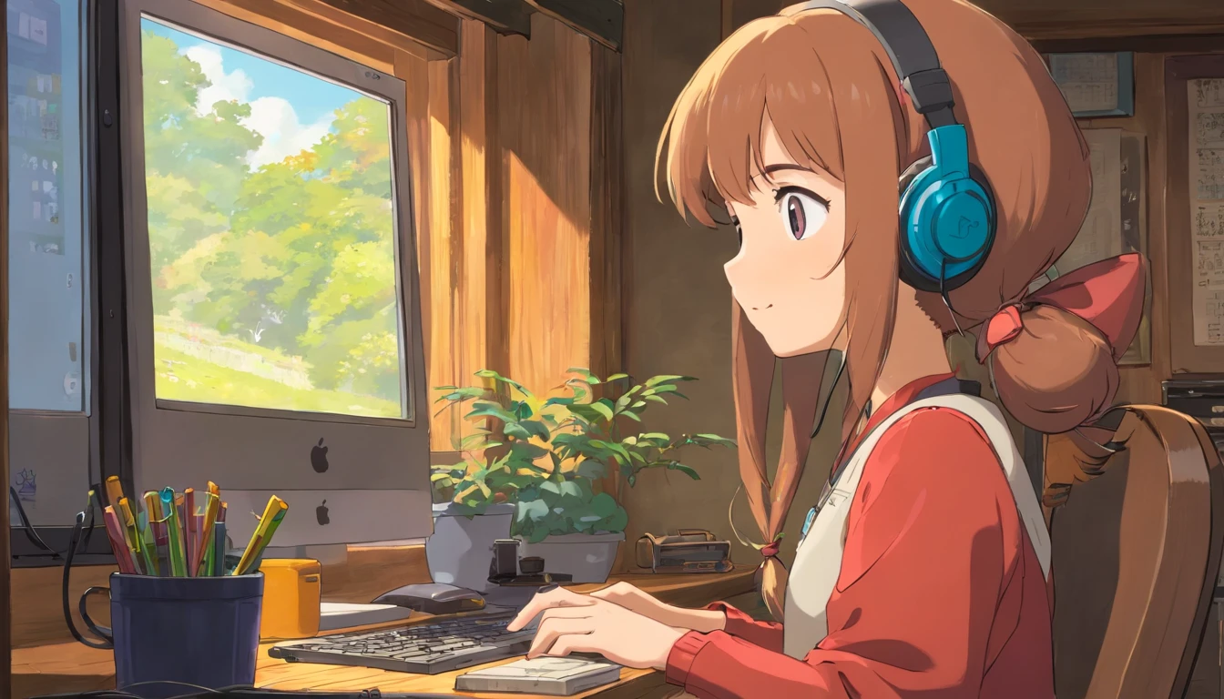 Cute girl working at a window in a room with headphones on and looking at a computer. Profile. Cat by her side. Japanese anime style.